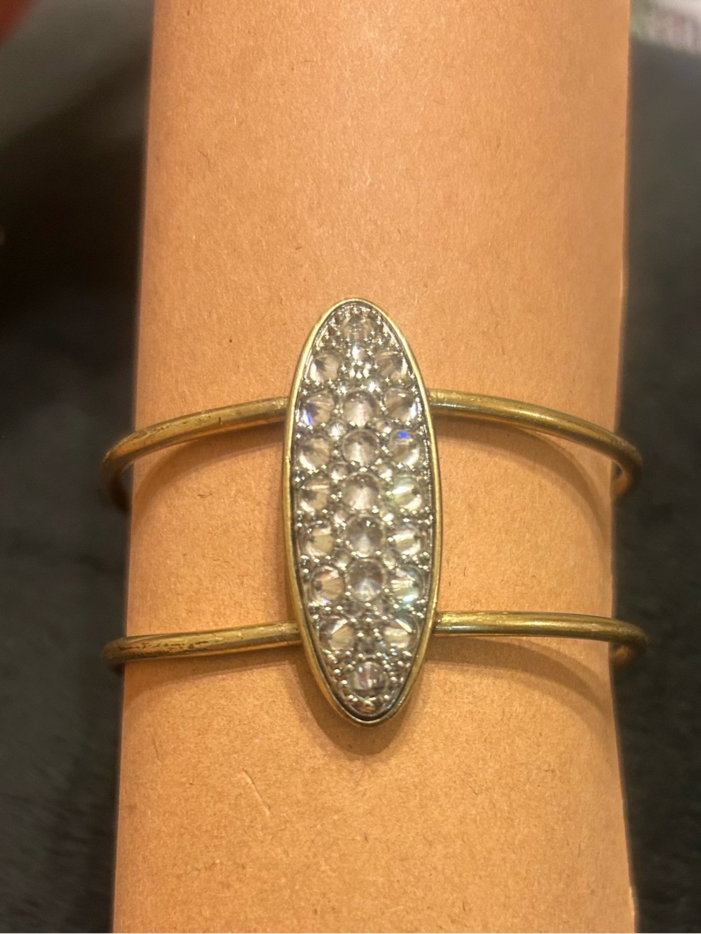 Gold Tone Open Cuff Bracelet with Crystal Pavé Oval Statement Accent